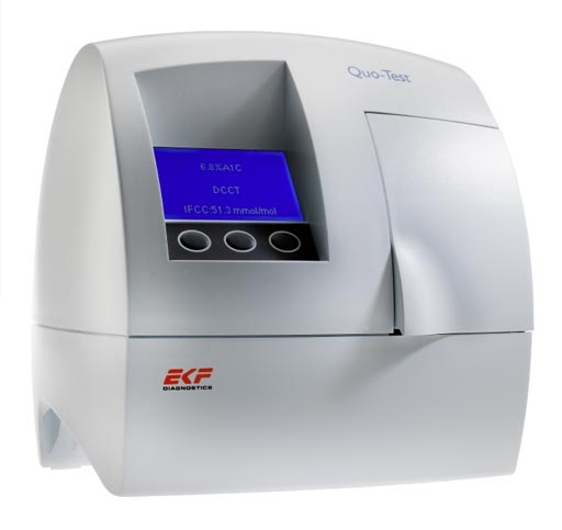 Image: The Quo-Test HbA1c fully automated analyzer uses patented boronate fluorescence quenching technology to measure glycated hemoglobin from a 4 μL sample taken from a finger prick or venous whole blood (Photo courtesy of EKF Diagnostics).