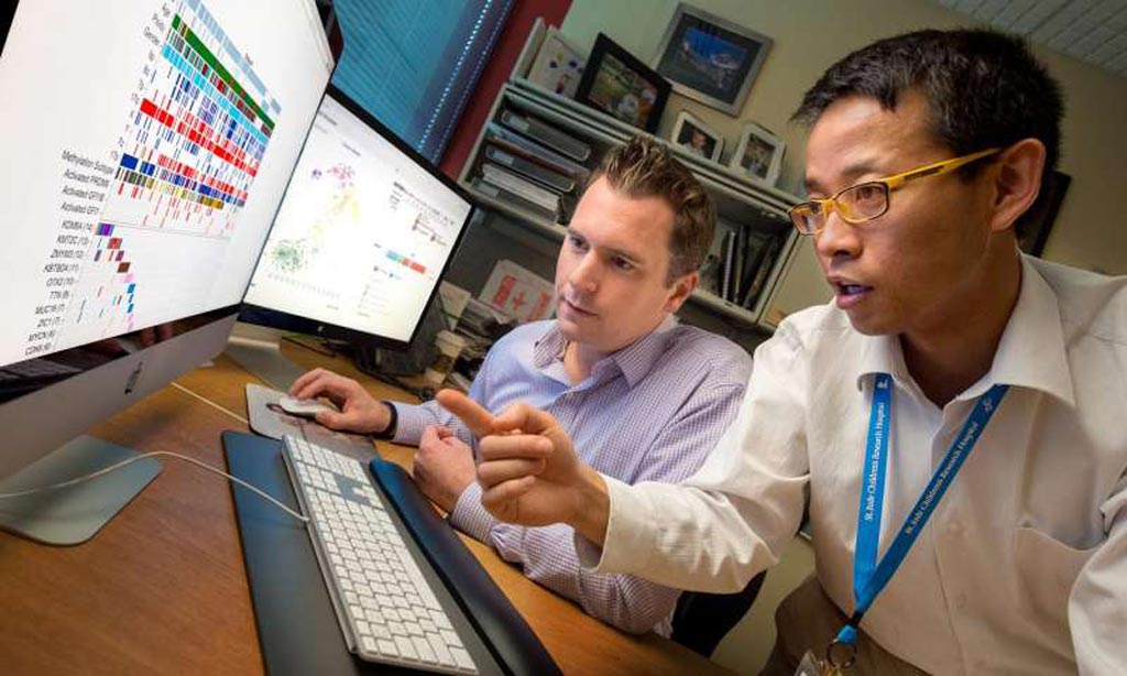 Image: Co-first author Paul Northcott, Ph.D., an assistant member of the St. Jude Department of Developmental Neurobiology and author Xin Zhou, PhD, senior bioinformatics research scientist (Photo courtesy of Seth Dixon / St. Jude Children\'s Research Hospital).