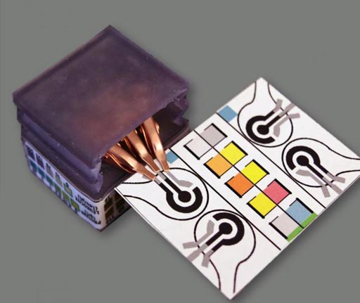 Image: Paper-based diagnostic device that detects biomarkers and identifies diseases by performing electrochemical analyses. The assays change color to indicate specific test results. The device can be plugged into the handheld potentiostat, at left (Photo courtesy of Purdue University, Aniket Pal).