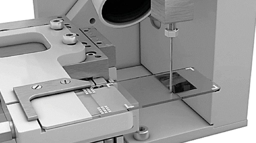 Image: The novel automated slide-based approach: a microscope slide is moved under a blunt needle, providing a constant flow of whole blood. Typically, 1 μL of blood is deposited (Photo courtesy of James W. Winkelman, MD, et al).