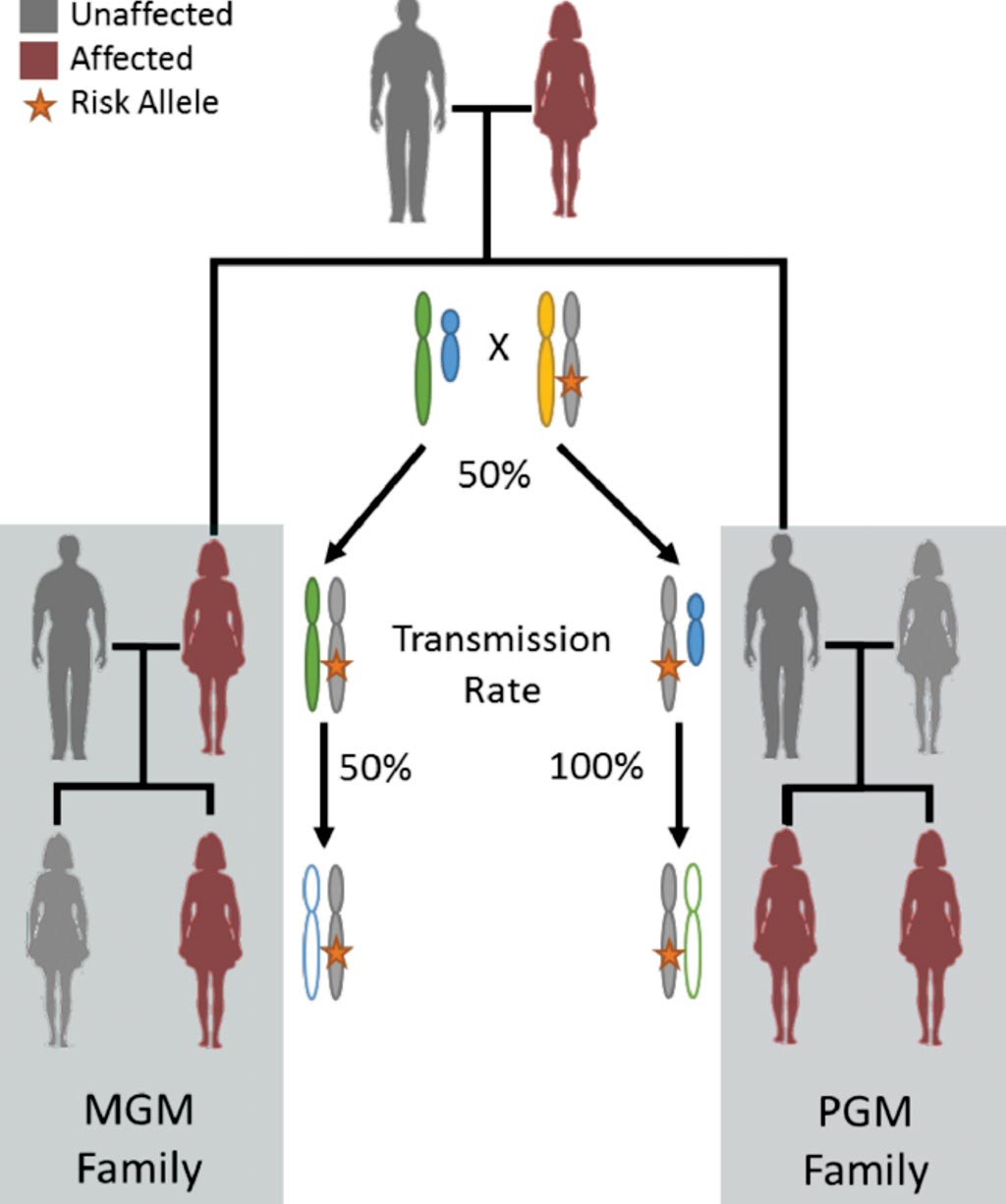 Image: Diagrams for X-linked inheritance when cancer status is specific to women (all carrier men are effectively disease censored). Two family patterns with a pair of first-degree affected women are the maternal grandmother (MGM) family and the paternal grandmother (PGM) family (Photo courtesy of Roswell Park Cancer Institute).