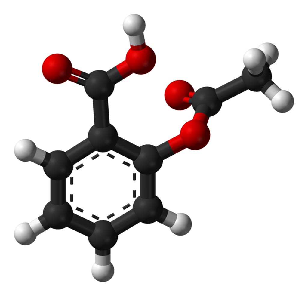 Image: A ball-and-stick model of the aspirin molecule, as found in the solid state (Photo courtesy of Wikimedia Commons).
