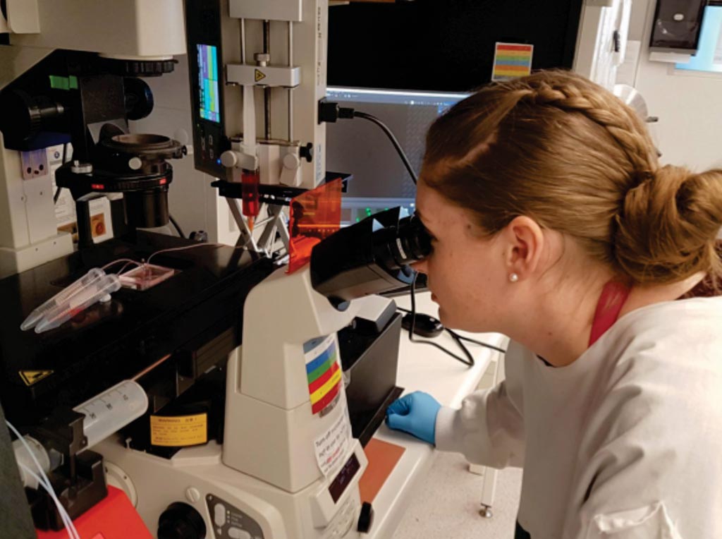 Image: Dr. Marnie Winter examining fetal trophoblastic cells isolated using inertial microfluidics (Photo courtesy of Future Industries Institute).