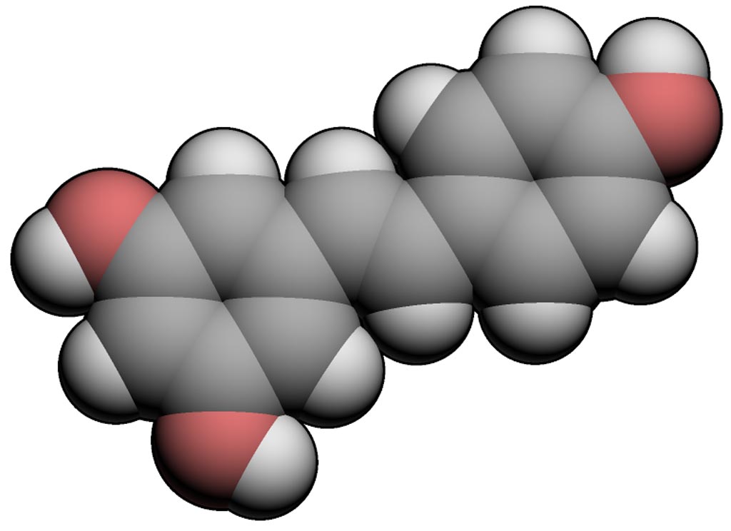 Image: A three-dimensional (3D) representation of the chemical structure of trans-resveratrol (Photo courtesy of Wikimedia Commons).