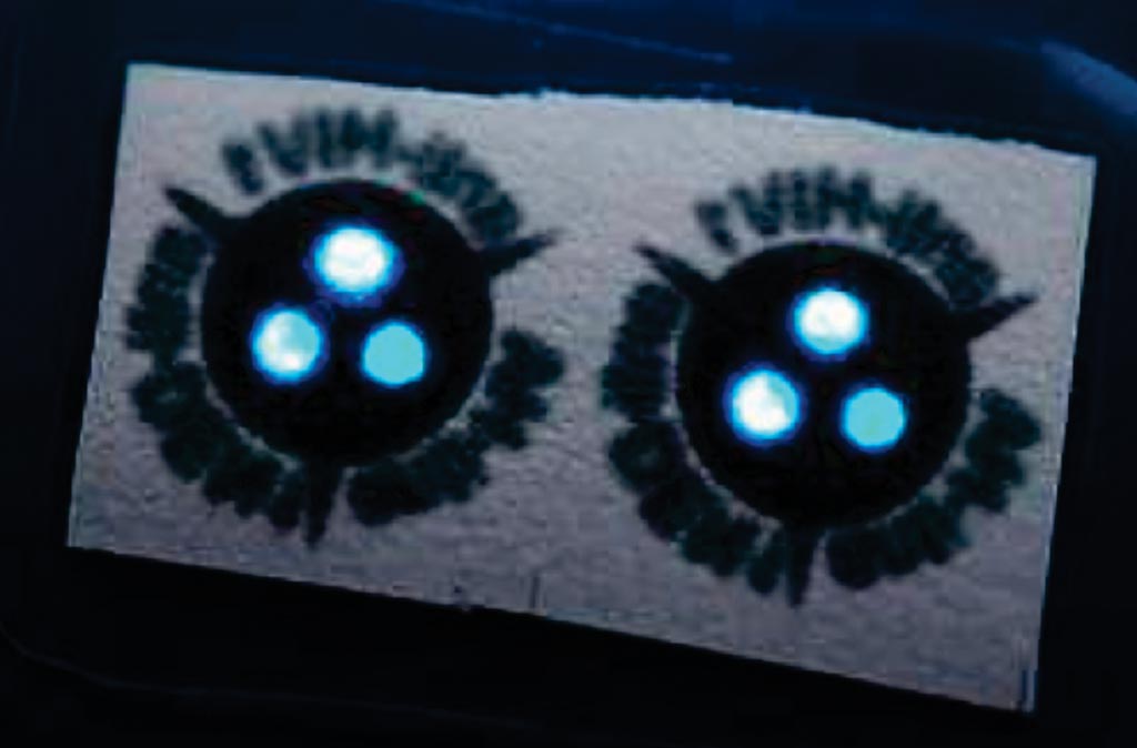 Image: This close-up of the glow-in-the-dark paper strip contains two copies of the test. The three glowing dots per test indicate that you can check on three different antibodies within one test (Photo courtesy of Bart van Overbeeke).