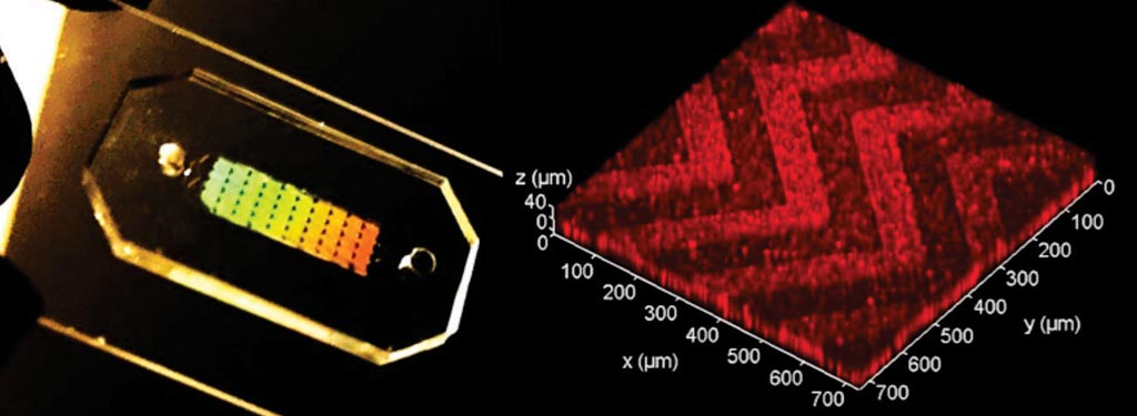 Image: The three-dimensional (3D) herringbone nanopatterned microfluidic chip that detects cancer faster (Photo courtesy of the University of Kansas).