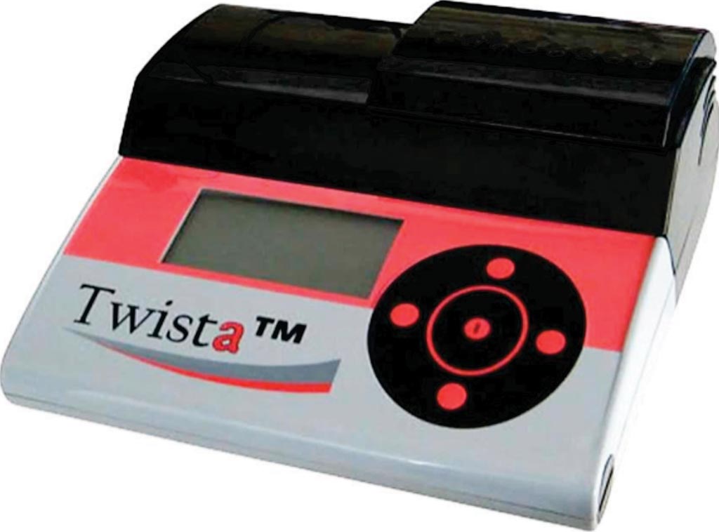 Image: The Twista device allows portable, two channel fluorometric detection of eight Recombinase Polymerase Amplification (RPA) reactions (Photo courtesy of TwistDx).