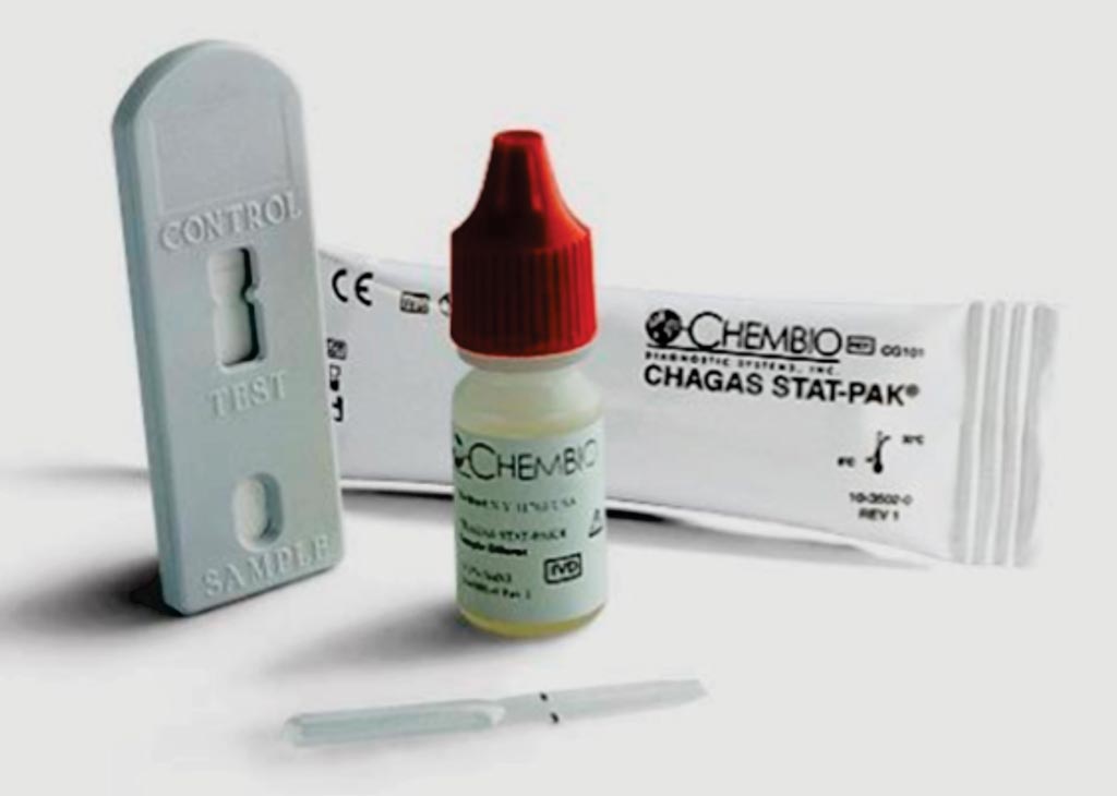 Chagas STAT-PAK assay is a rapid diagnostic test, easy to perform, requires no cold chain storage, uses a minimal sample size, and provides visual detection of antibodies to Trypanosoma cruzi (Photo courtesy of Chembio Diagnostic Systems).