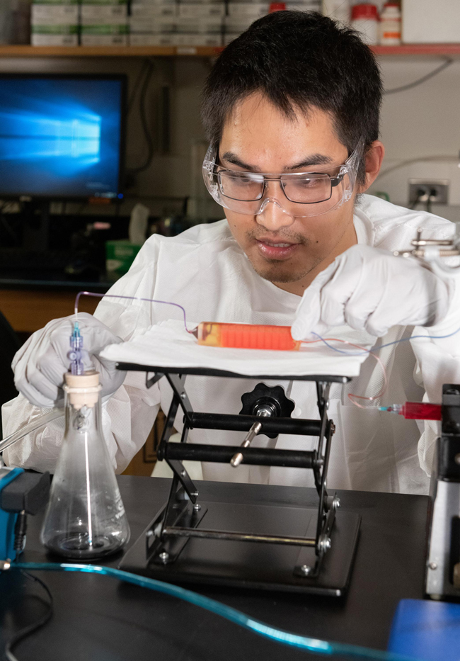 Image: A novel three-dimensionally-printed cell trap captures white blood cells and eliminates red cells from a whole blood sample while isolating circulating tumor cells (CTCs) (Photo courtesy of Allison Carter, Georgia Institute of Technology).