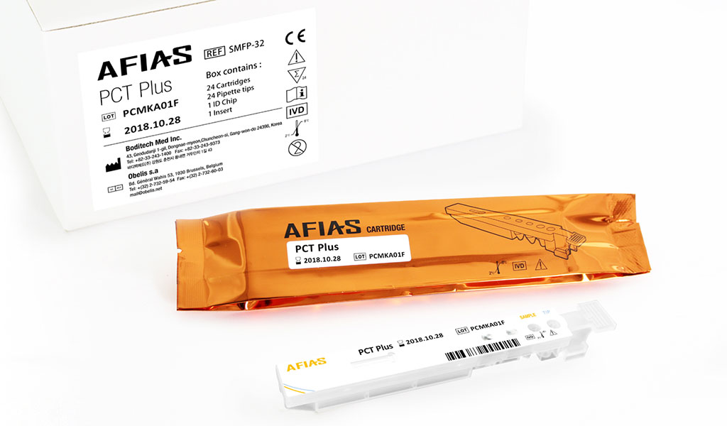 The AFIAS PCT Plus is a fluorescence immunoassay (FIA) for the quantitative determination of Procalcitonin (PCT) in human whole blood / serum / plasma. It is useful as an aid in management and monitoring of bacterial infection and sepsis. (Photo courtesy of Boditech).