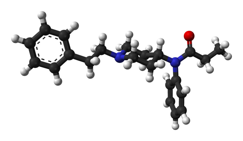 Image: Ball-and-stick model of the fentanyl molecule in the crystal structure of fentanyl citrate-toluene solvate (Photo courtesy of Wikimedia Commons)