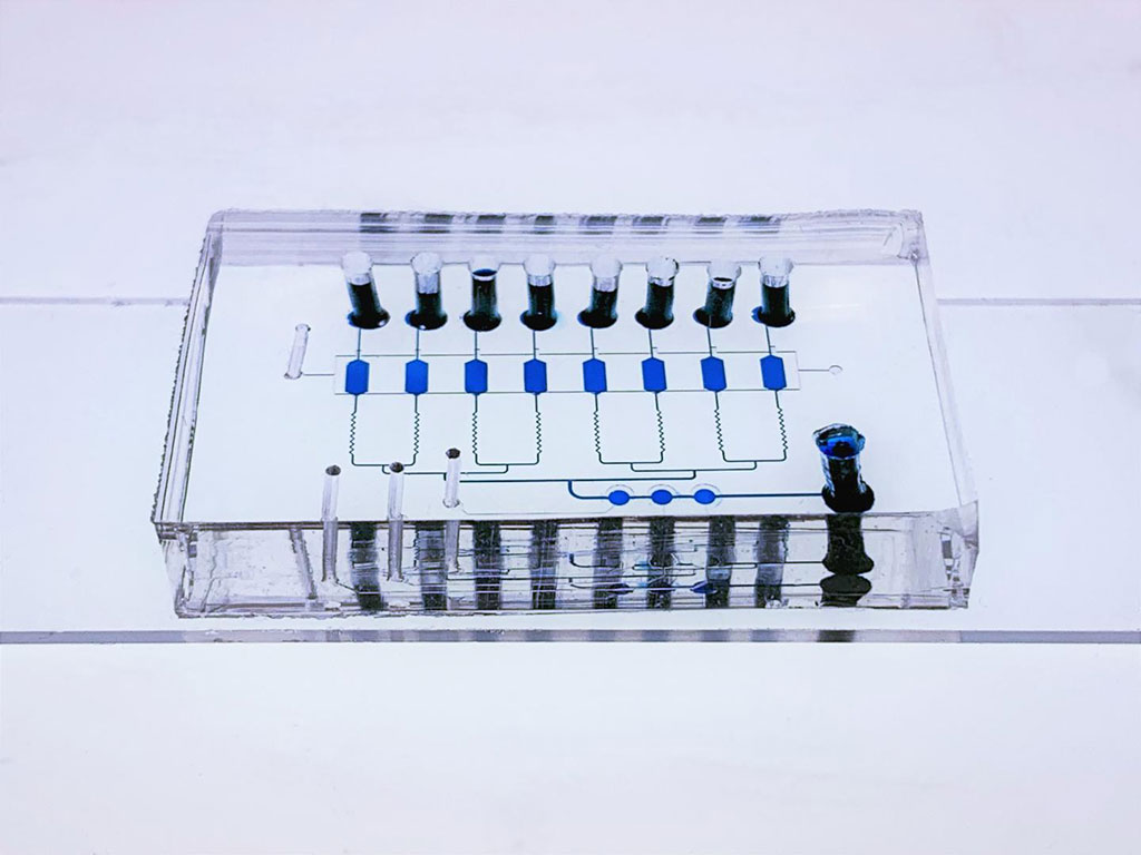 Image: The multi-layer EV-CLUE chip device. The microreactors and connecting channels are visualized by filling with blue food dye. The bottom glass slide is patterned with nanoparticle structures and coated with antibody to capture extracellular vesicles (Photo courtesy of Dr. Yong Zeng)
