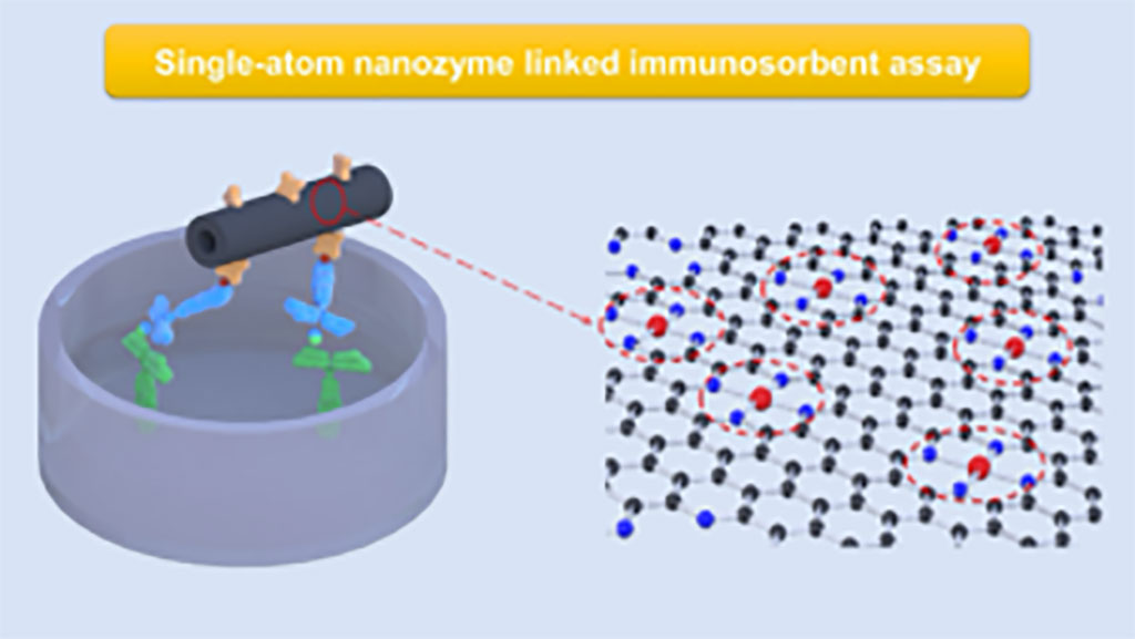 Image: A molecular-scale illustration of single-atom nanoyzmes and their application as a signal labels in an immunoassay. On the left, illustration of a protein biomarker being captured and detected in an immunoassay (Photo courtesy of Washington State University)