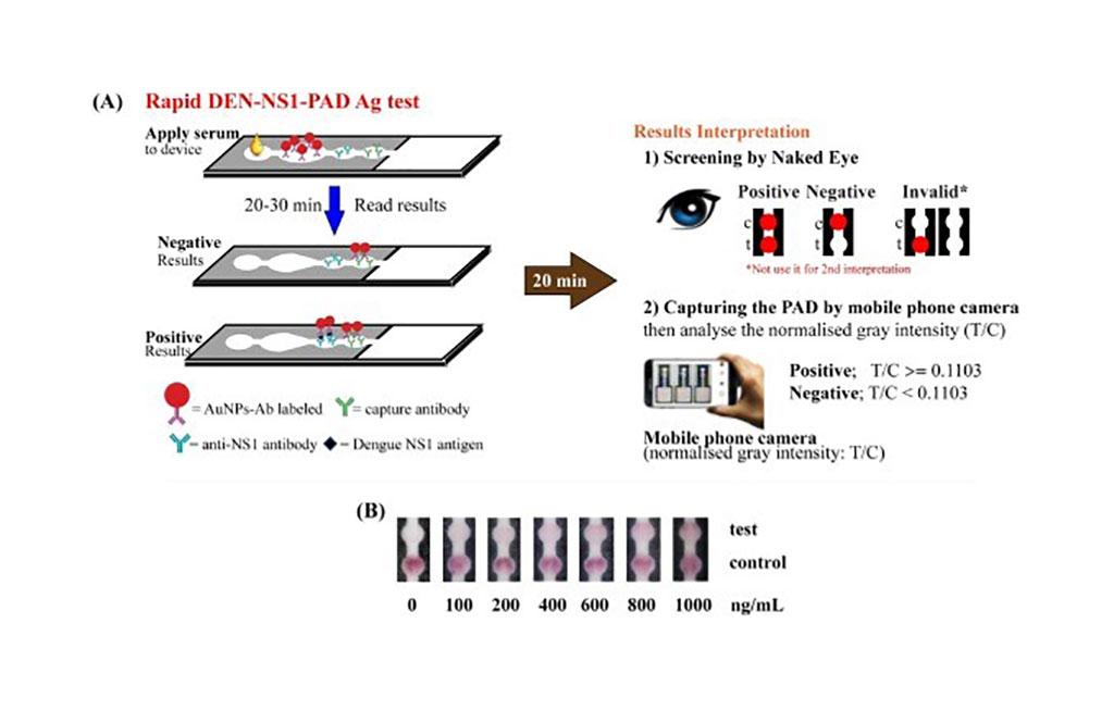 Schematic representation of the procedure for dengue NS1 detection by using DEN-NS1-PAD (Photo courtesy of King Mongkut’s University of Technology Thonburi)