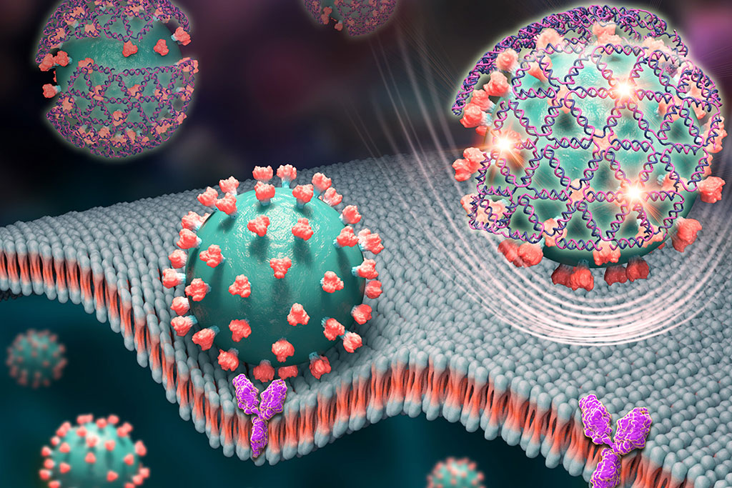 Image: Tiny nets woven from DNA strands cover SARS-CoV-2 spike proteins and give off glowing signal (Photo courtesy of Xing Wang)