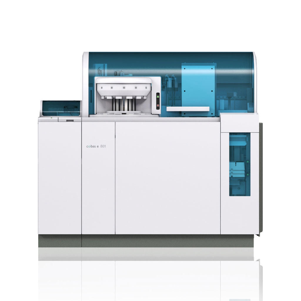 Image: The Cobas Е 801 Analyzer analytical unit is a high throughput immunochemistry module that performs a broad range of heterogeneous immunoassay tests (Photo courtesy of Dialogue Diagnostics LLC)