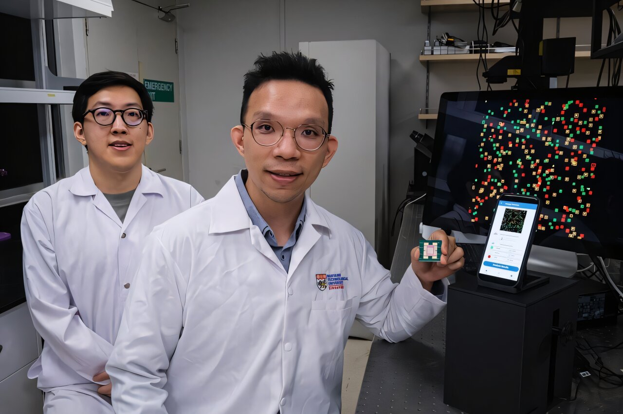 Image: NTU Assoc Prof Y.C. Chen (right) holding the new biochip, which can detect miRNA in 20 minutes using AI, with his PhD student Fu Bowen behind him (left) (photo courtesy of Nanyang Technological University)