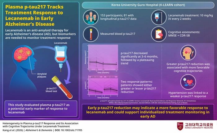 Image: Researchers from Korea University investigated whether changes in plasma p-tau217 could provide an early, minimally invasive measure of biological response to lecanemab in people with early Alzheimer’s disease (Image Credit: Prof. Sung Hoon Kang from Korea University College of Medicine)