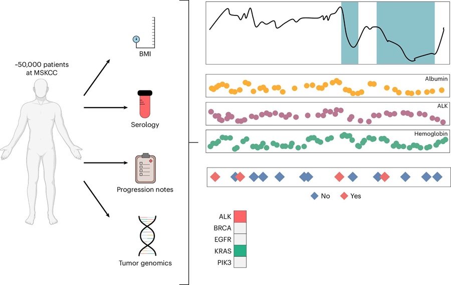 Image: Overview of available modalities in the MSK-IMPACT cohort (n = 52,236 patients), including longitudinal BMI trajectories, serologic laboratory tests, radiology-derived progression annotations and tumor genomic profiling. Human silhouette created in BioRender. (Castillon, V.J., Xie, A.X., Boscenco, S. et al. Nature Medicine (2026). https://doi.org/10.1038/s41591-026-04689-9)
