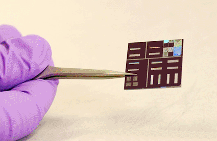 Image: Researcher holding a biochip, which functions as a collection of miniaturized test sites that allow many tests to be carried out simultaneously (Photo courtesy of BSIP, Chagnon).