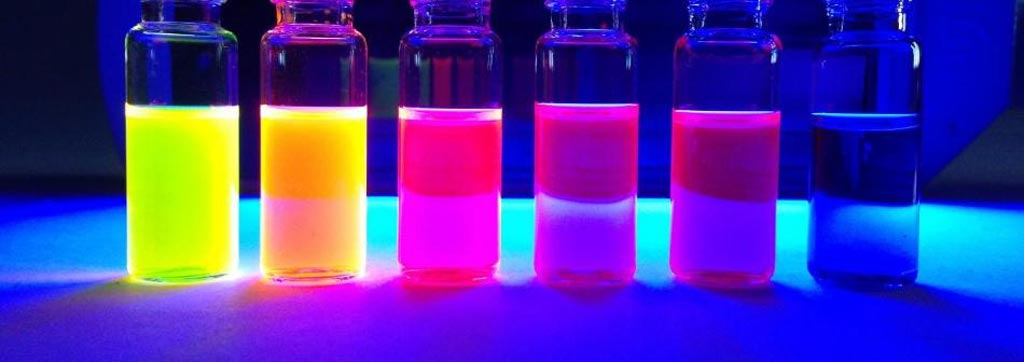 Image: Rhodamine dyes fluorescing under ultraviolet illumination (Photo courtesy of Jonathan Grimm/ HHMI).