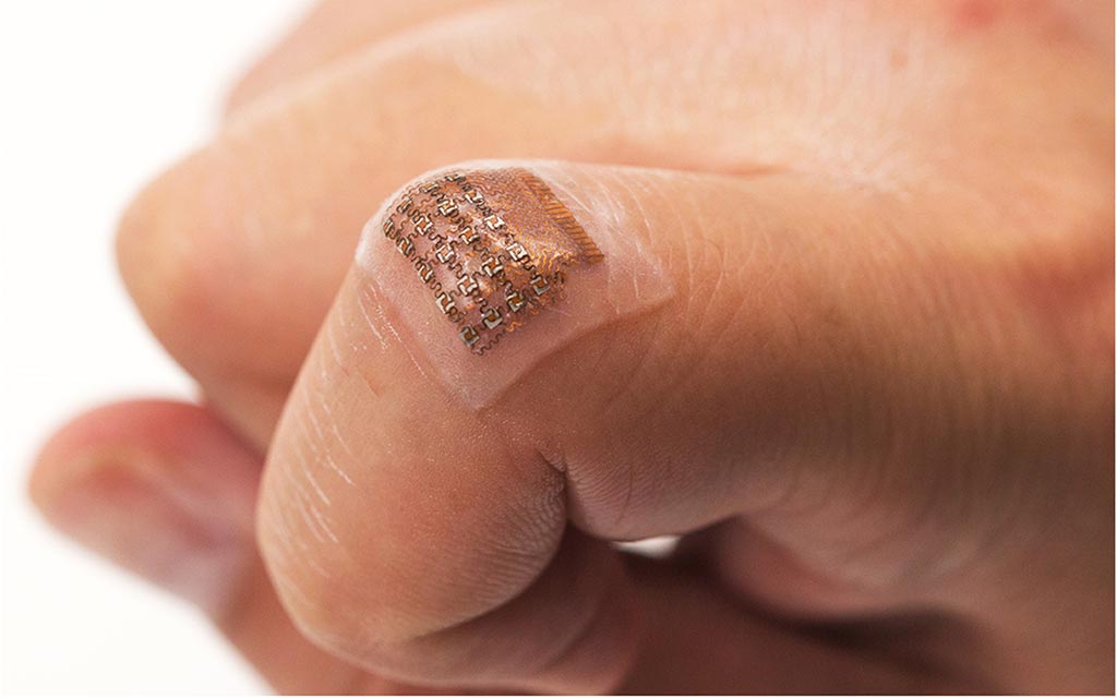Image: A wearable ultrasound patch tracks blood pressure (Photo courtesy of Chonghe Wang/UCSD).