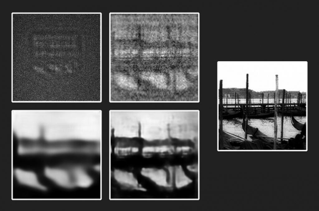 Image: From an original transparent etching (far right), engineers produced a photograph in the dark (top left), then attempted to reconstruct the object using first a physics-based algorithm (top right), then a trained neural network (bottom left), before combining both the neural network with the physics-based algorithm to produce the clearest, most accurate reproduction (bottom right) of the original object (Photo courtesy of MIT).