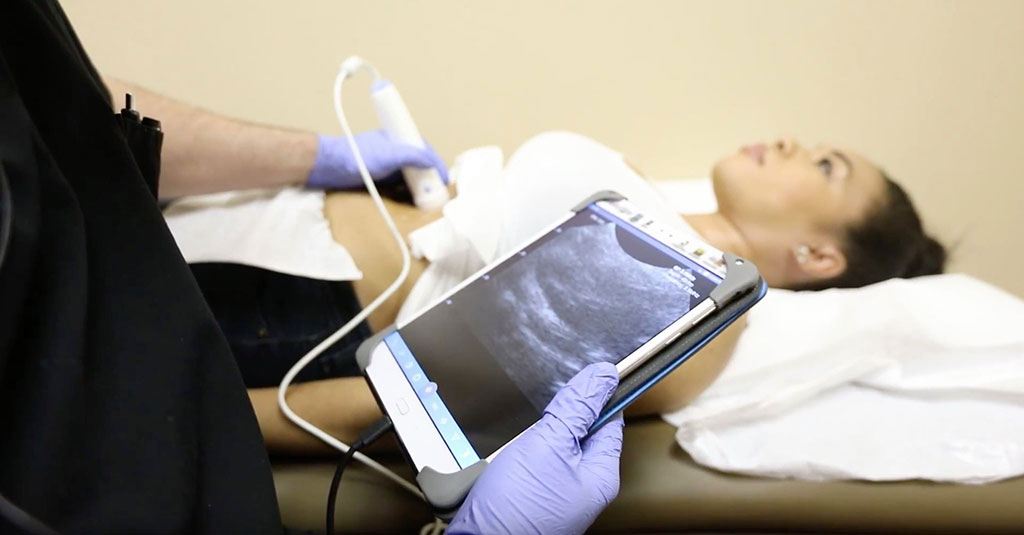 Image: The VistaScan USB ultrasound probe connected to a Samsung tablet (Photo courtesy of Emagine Solutions Technology)