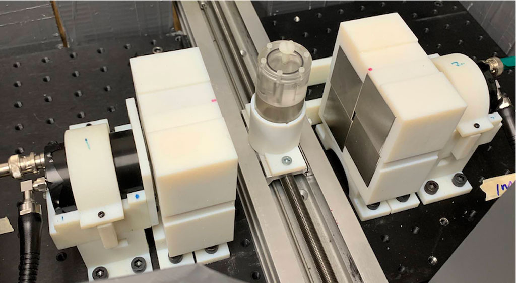 Image: Coupled Cherenkov photon detectors scanning a sample (Photo courtesy of Simon Cherry/ UCD)