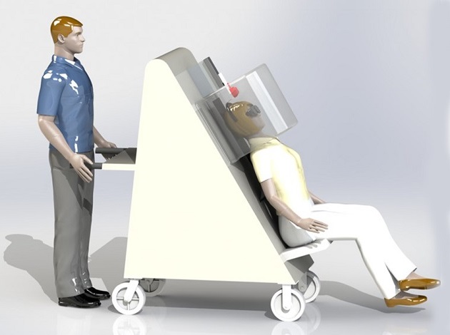 Image: The portable, upright PET scanner will allow a patient to sit in a chair that travels with the unit (Photo courtesy of Goldan Lab)